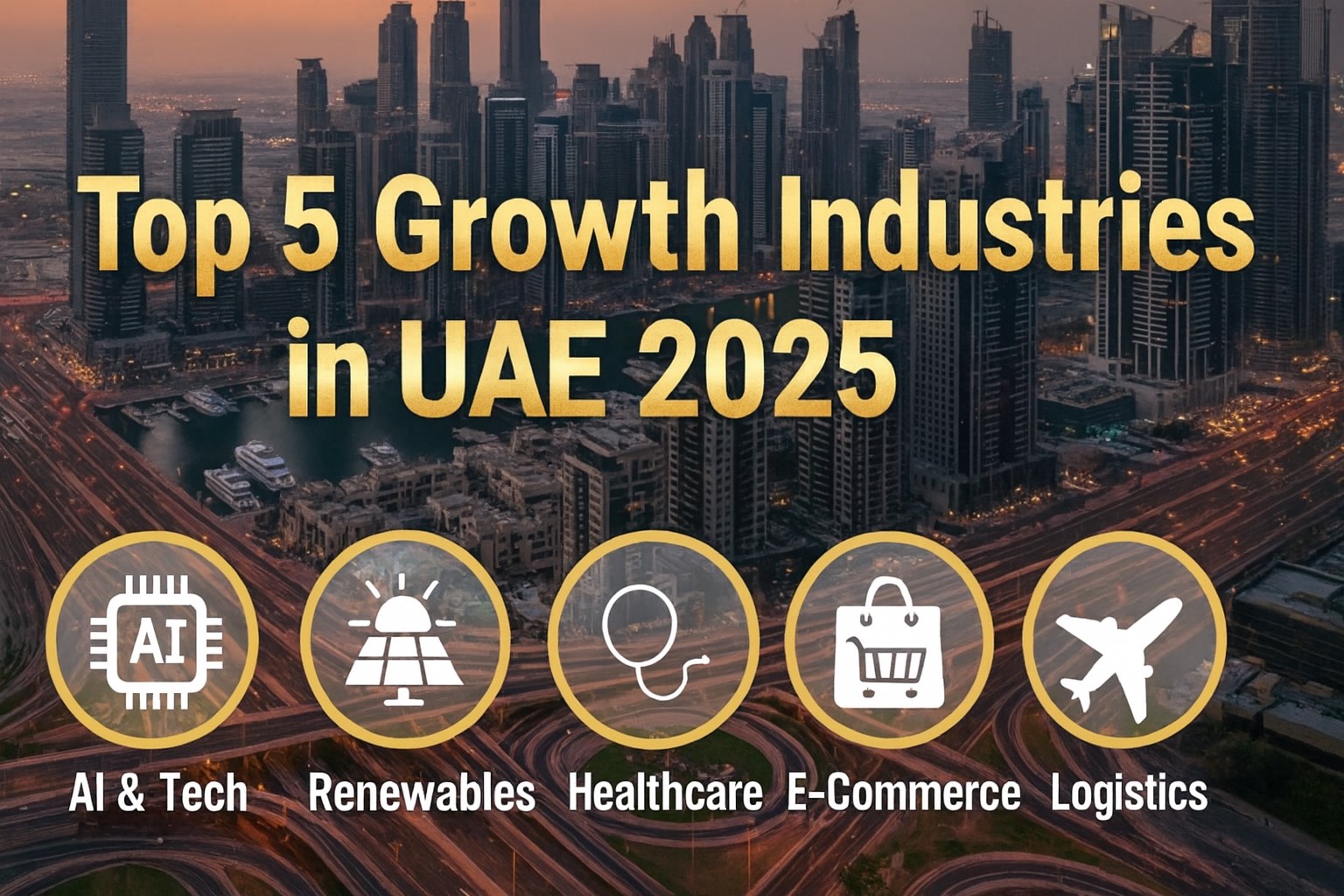 Top growth industries in UAE 2025 illustrated with icons for AI, renewables, healthcare, e-commerce, and logistics over Dubai cityscape